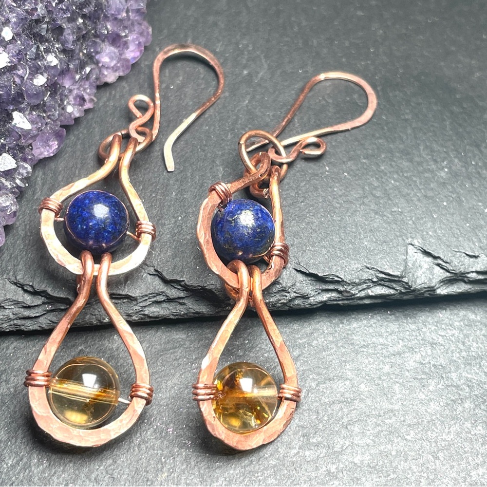 Citrine And and Blue Lapiz Lazuli Gemstone Copper Boho Artisan Earrings - Picture 4 of 11